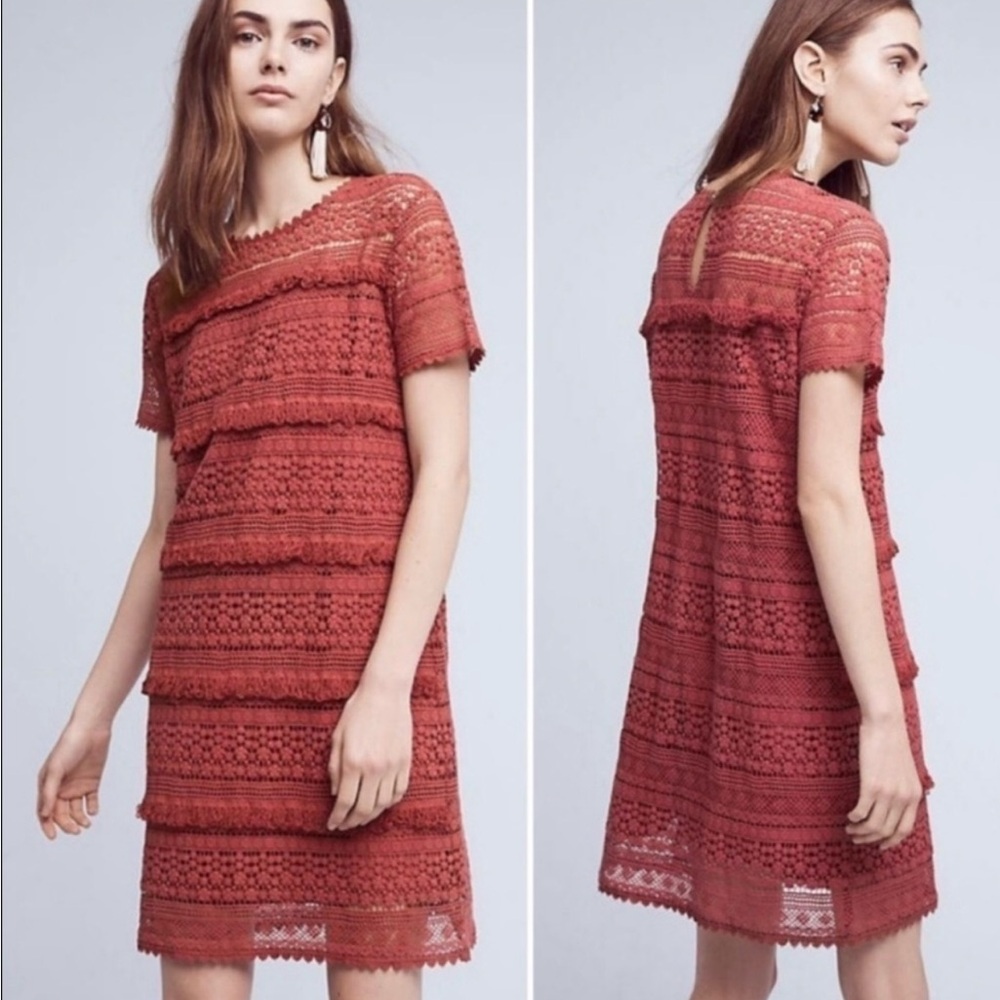 Anthropologie 02SKY Zero To Sky Fringed Lace Crochet Tunic Shift Dress Boho XS